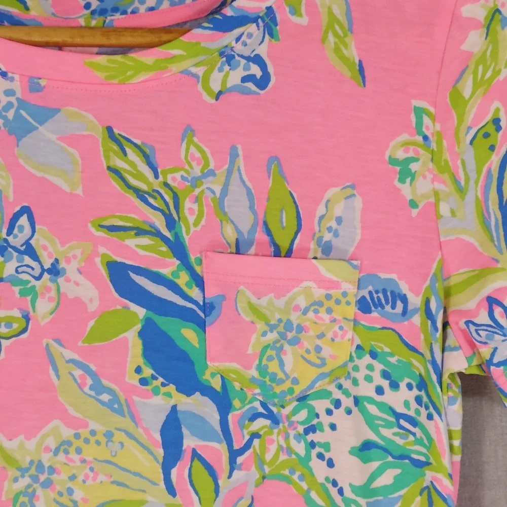 Lilly Pulitzer Pink Floral T-Shirt Shift Dress Pima Cotton Pocket Preppy Tee Sm - Picture 2 of 8